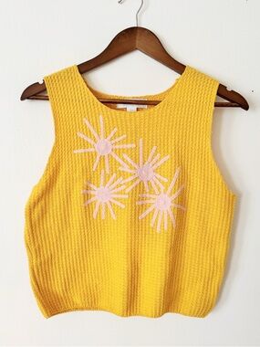 Bunulu Yellow Sleeveless Knit Top with Pink Floral Appliqué large